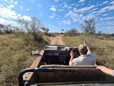 Professional guide in the field, pointing from a vehicle