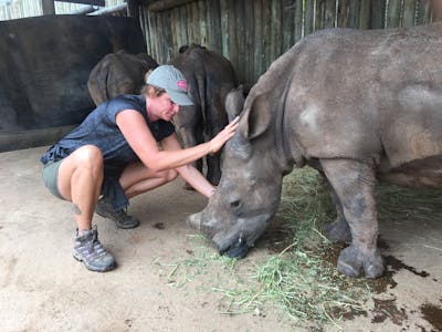 Diana DeBlanc with a rhino at Care for Wild