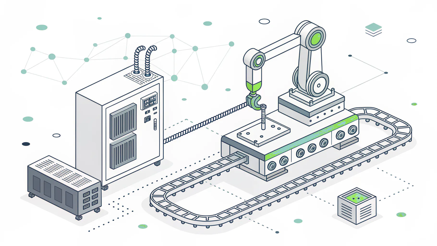 Robotic assembly machine on an electronics production line cabled to a network switch and server cabinet, representing OT and IT convergence on the factory floor