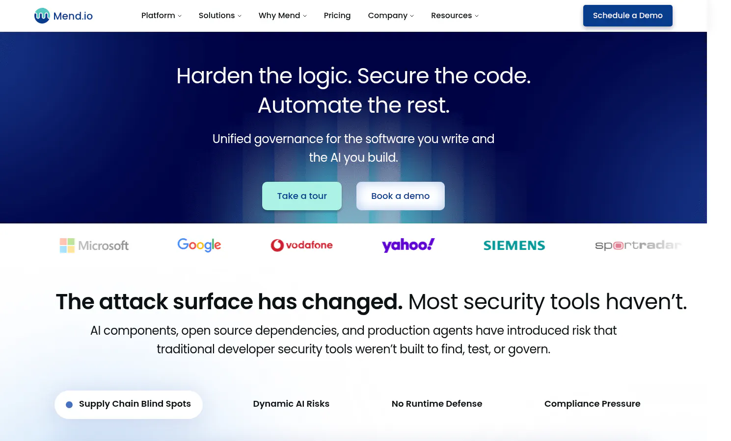 Mend.io application security platform homepage
