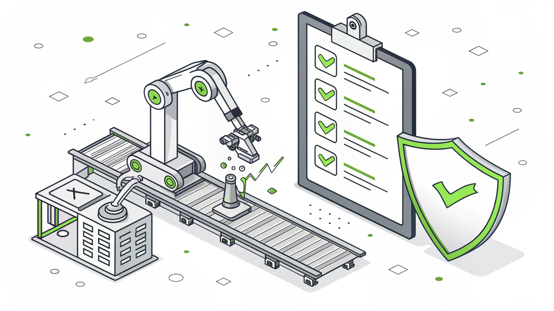 A factory robotic arm and conveyor beside a clipboard checklist with green check marks and a security shield, representing an ISO 27001 checklist for a manufacturing plant
