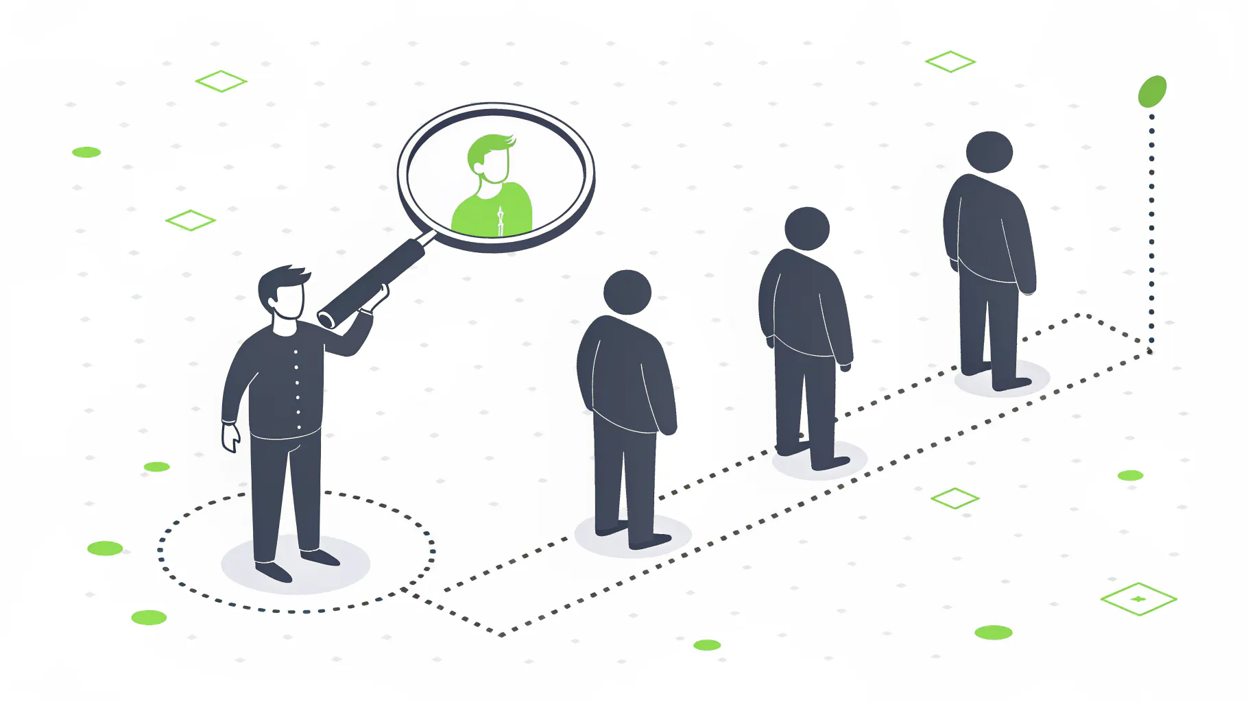 A person holding a magnifying glass over one figure in a row of similar figures, representing similar IT leadership titles being compared