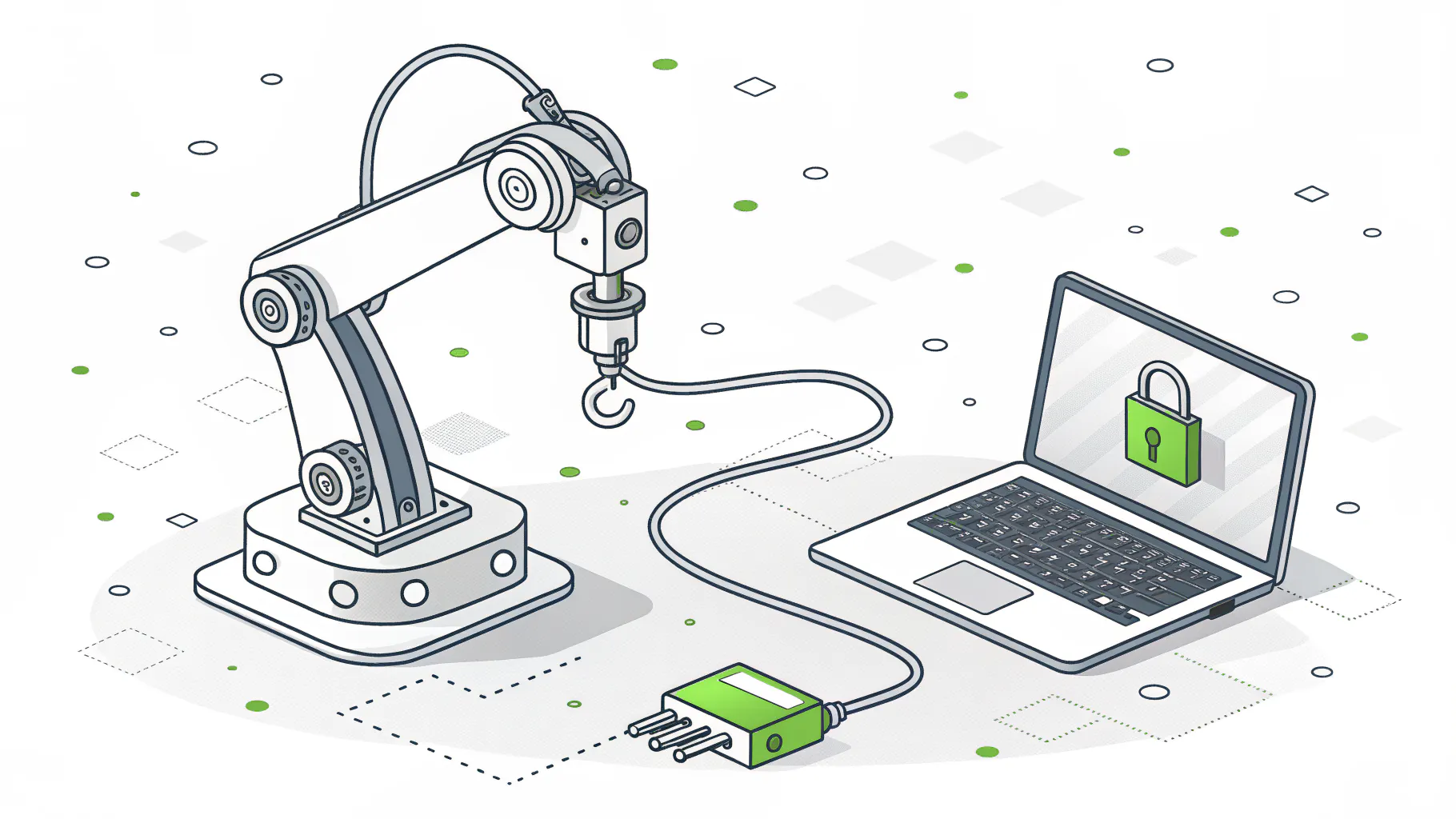 An industrial robotic arm wired directly to an office laptop, representing office and plant systems sharing one network