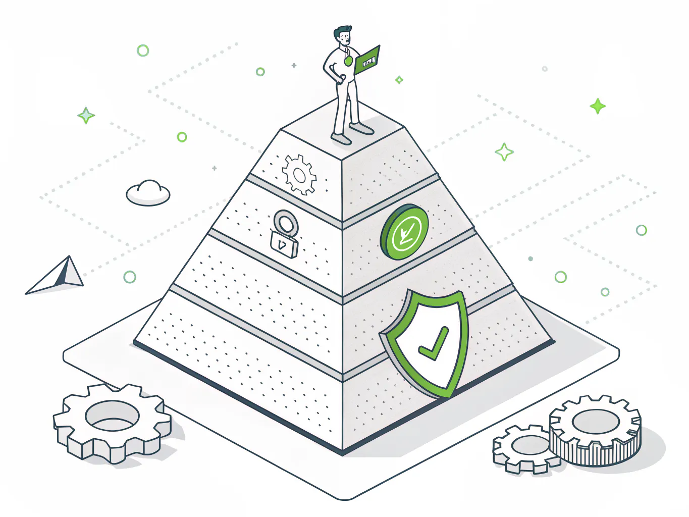Line illustration of a three-tier layered pyramid with a leader figure on top, a shield in the middle and a gear at the base