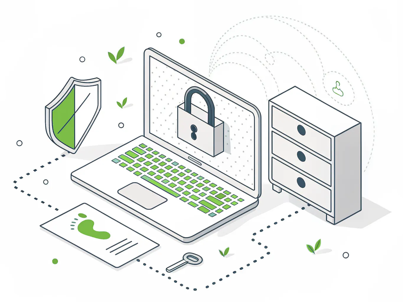 Line illustration of a laptop with an open padlock and a trail of footprints leading to a file cabinet, showing a malware-free intrusion