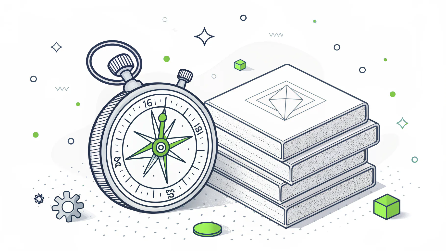 Isometric illustration of a compass and stopwatch beside a stack of blocks, representing a phased NIST CSF 2.0 implementation plan from ownership through gap analysis