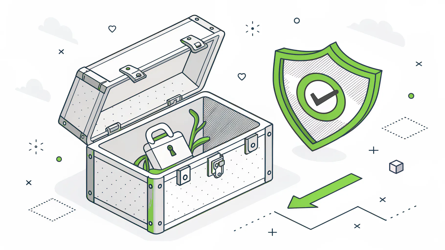 An open toolbox holding a padlock next to a shield with a check mark, representing free security controls a company already owns