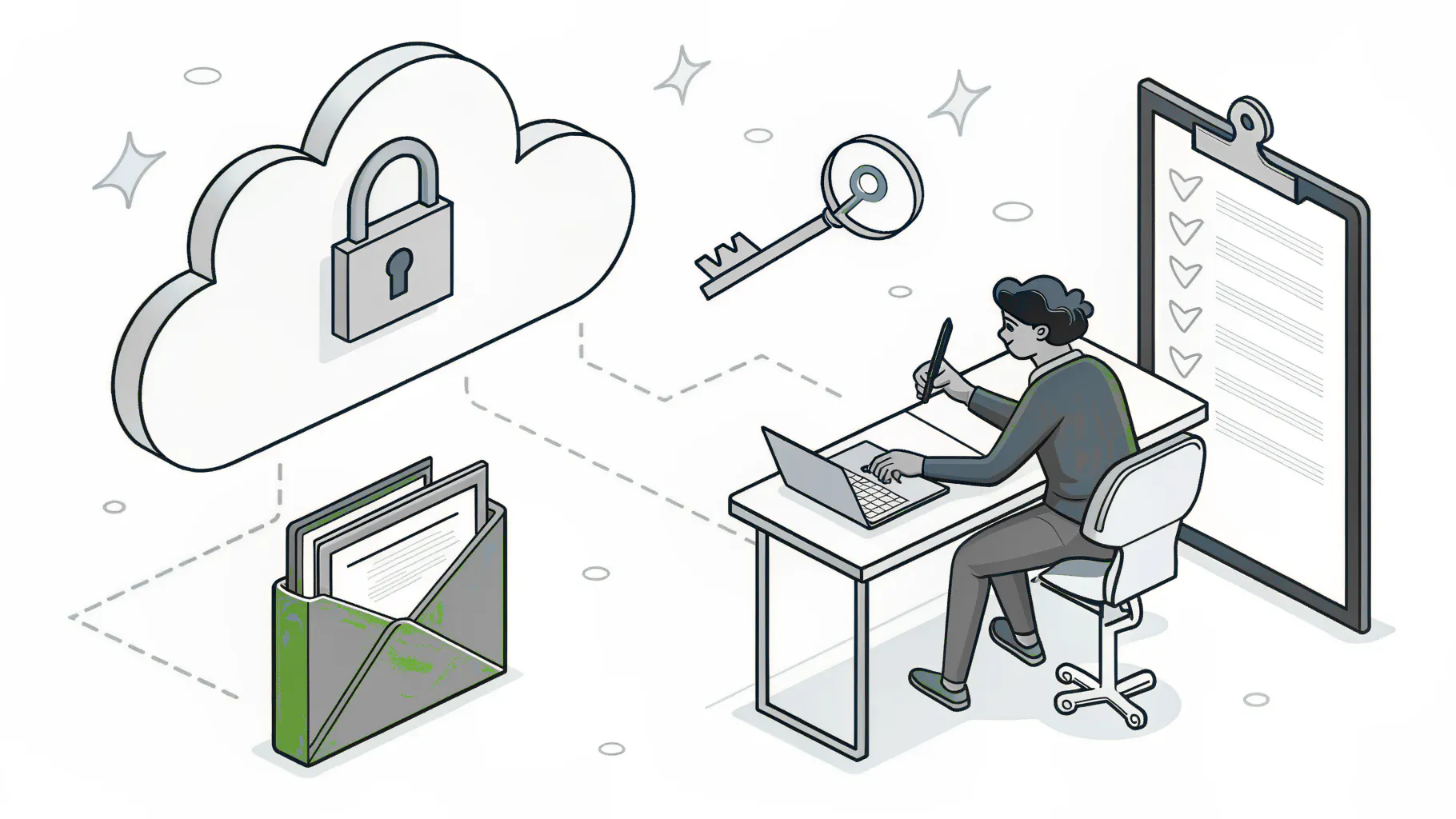 A cloud and key feeding evidence into a folder on one side, and a person at a desk working through a checklist on the other