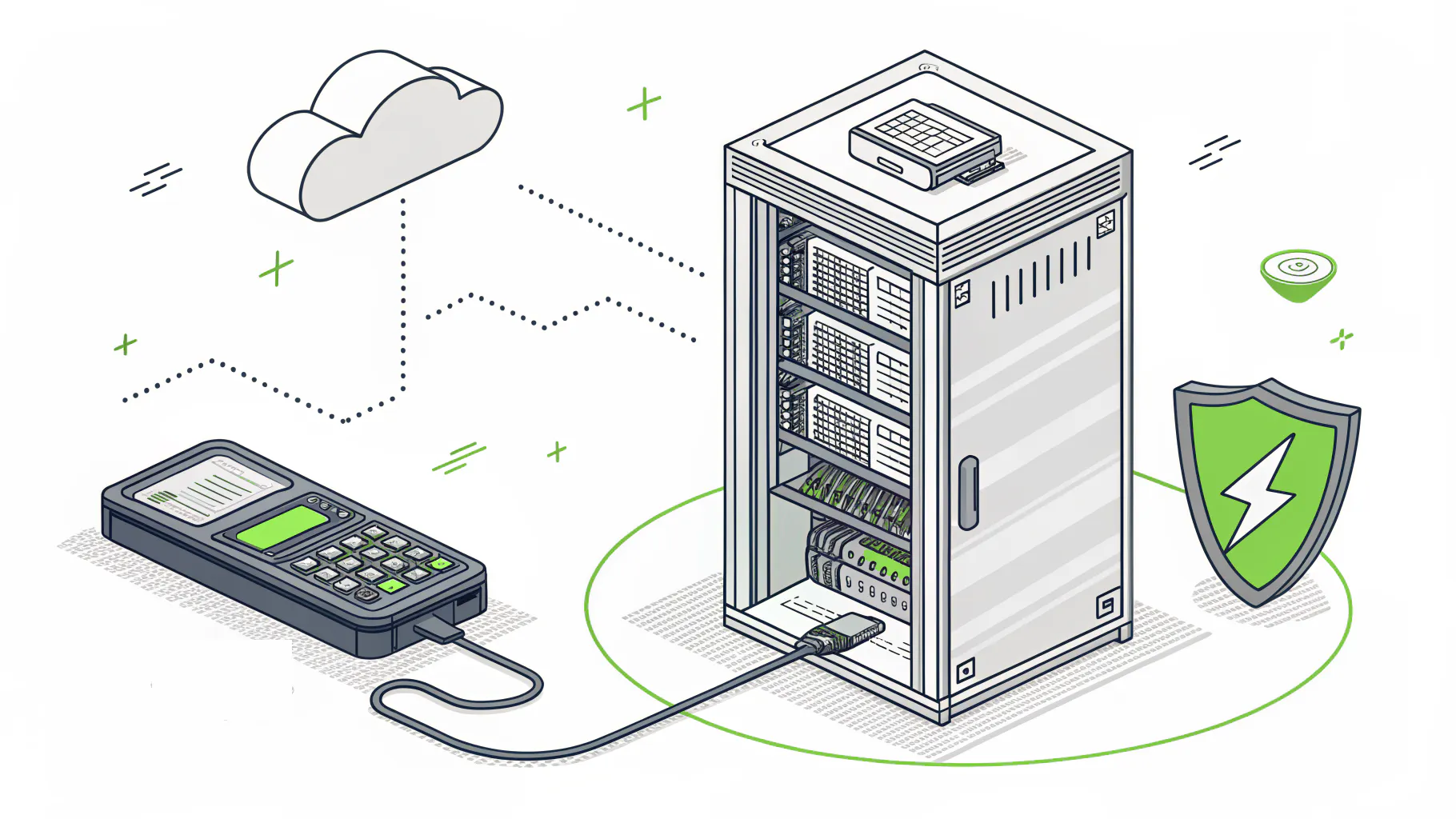 A network equipment cabinet with a battery backup unit, wired to a rugged handheld barcode scanner, with a power shield nearby, representing backup power for warehouse networks
