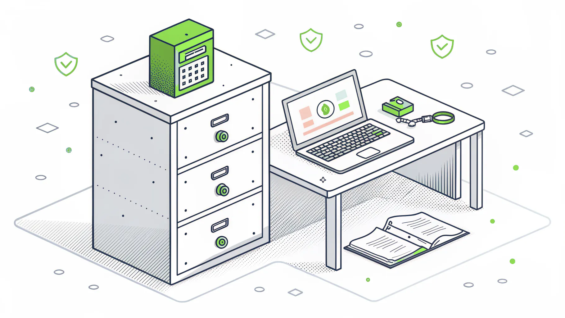 Isometric illustration of a locked filing cabinet beside a laptop and an open binder, representing an ISO 27001 information security management system