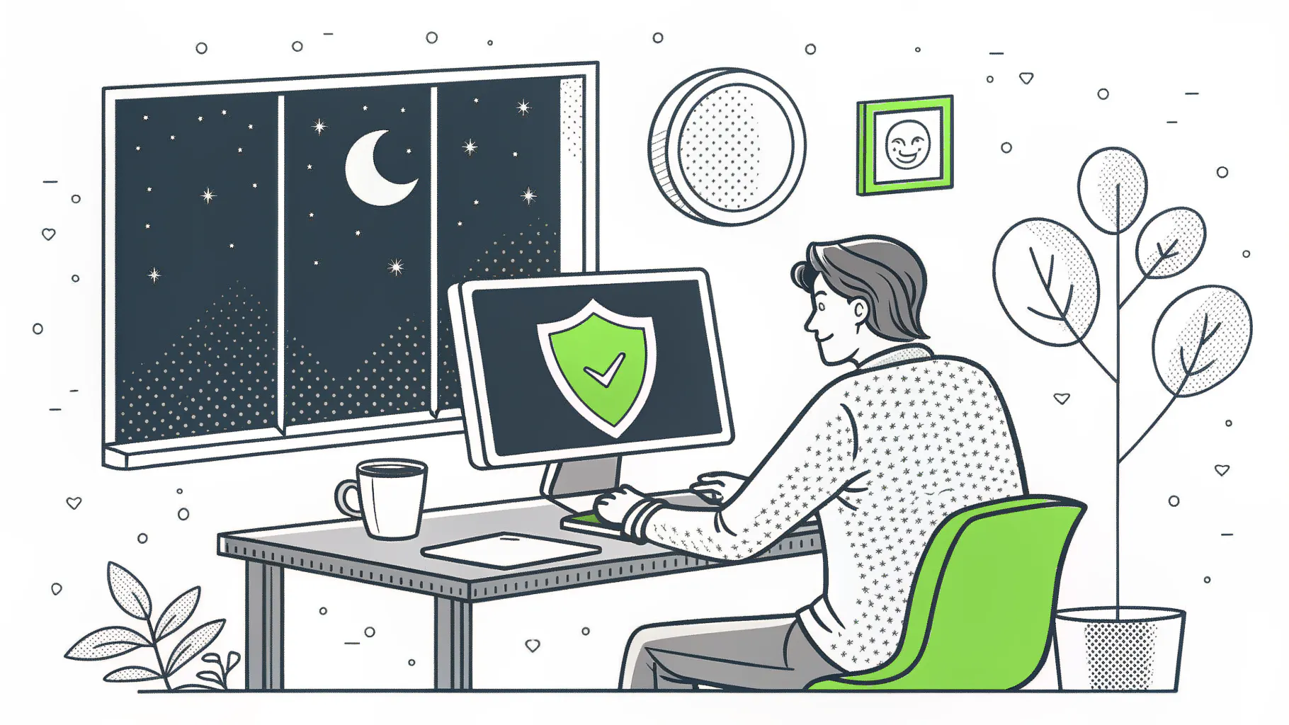A security analyst working at a desk at night, a monitor showing a green shield with a checkmark, representing 24/7 managed security monitoring