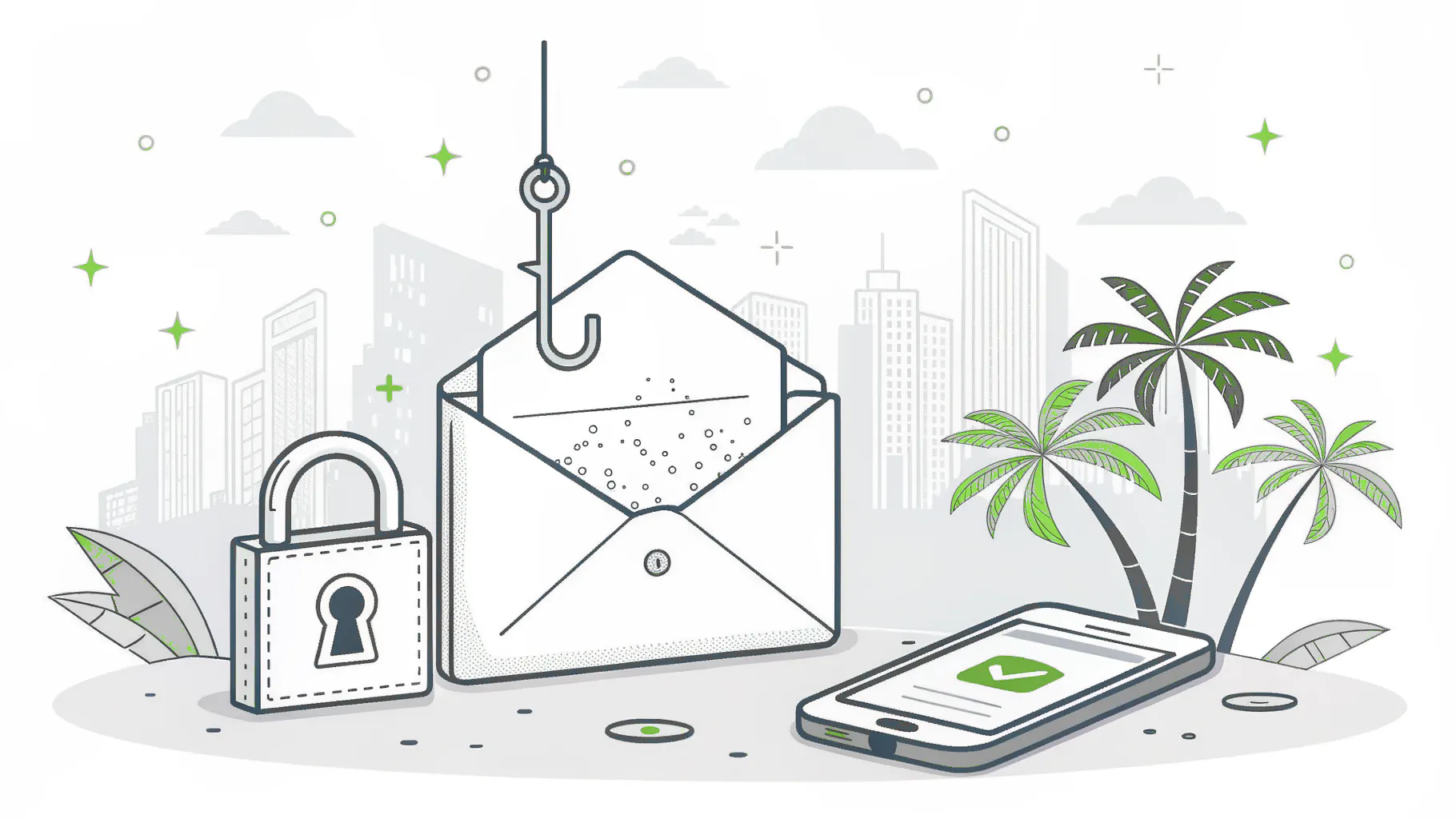 An email envelope caught on a fishing hook next to a smartphone and a padlock, with a Los Angeles skyline and palm trees behind, representing the cyber threats facing LA businesses