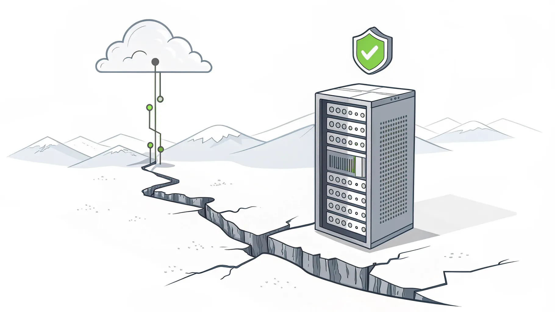 A server rack beside an earthquake fissure with a cloud backup link and a green shield, representing earthquake and wildfire continuity planning