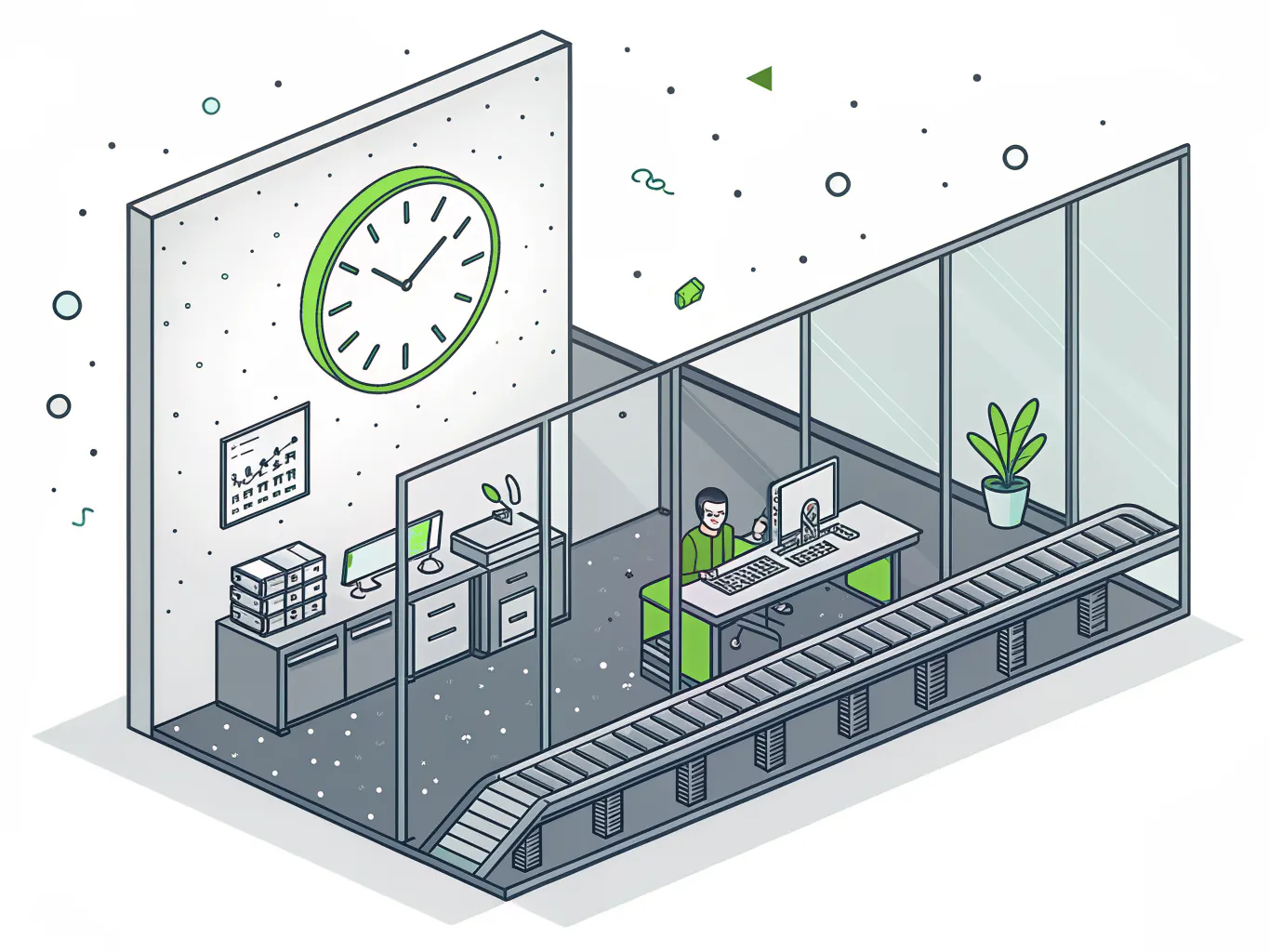 Line illustration of an empty night office with a wall clock beside a production conveyor still running behind glass