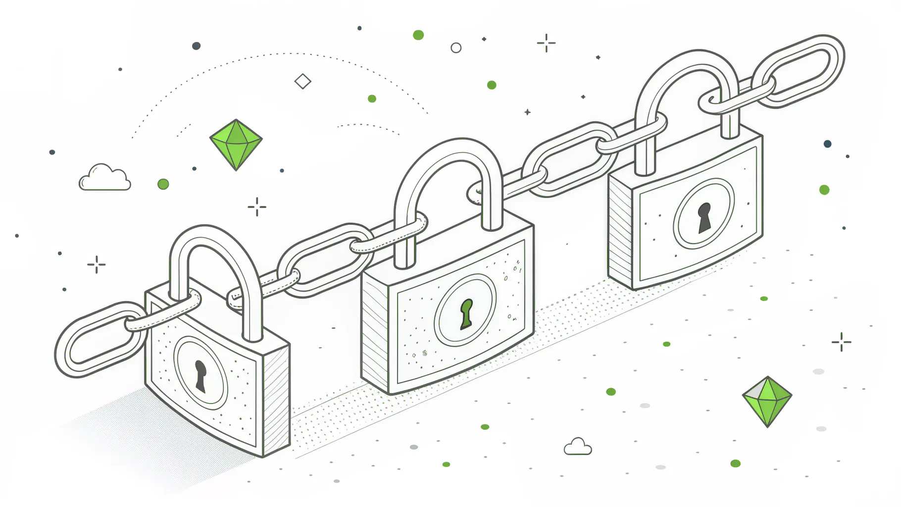 Three padlocks joined by one chain, representing how one compromised admin account connects to every system behind it
