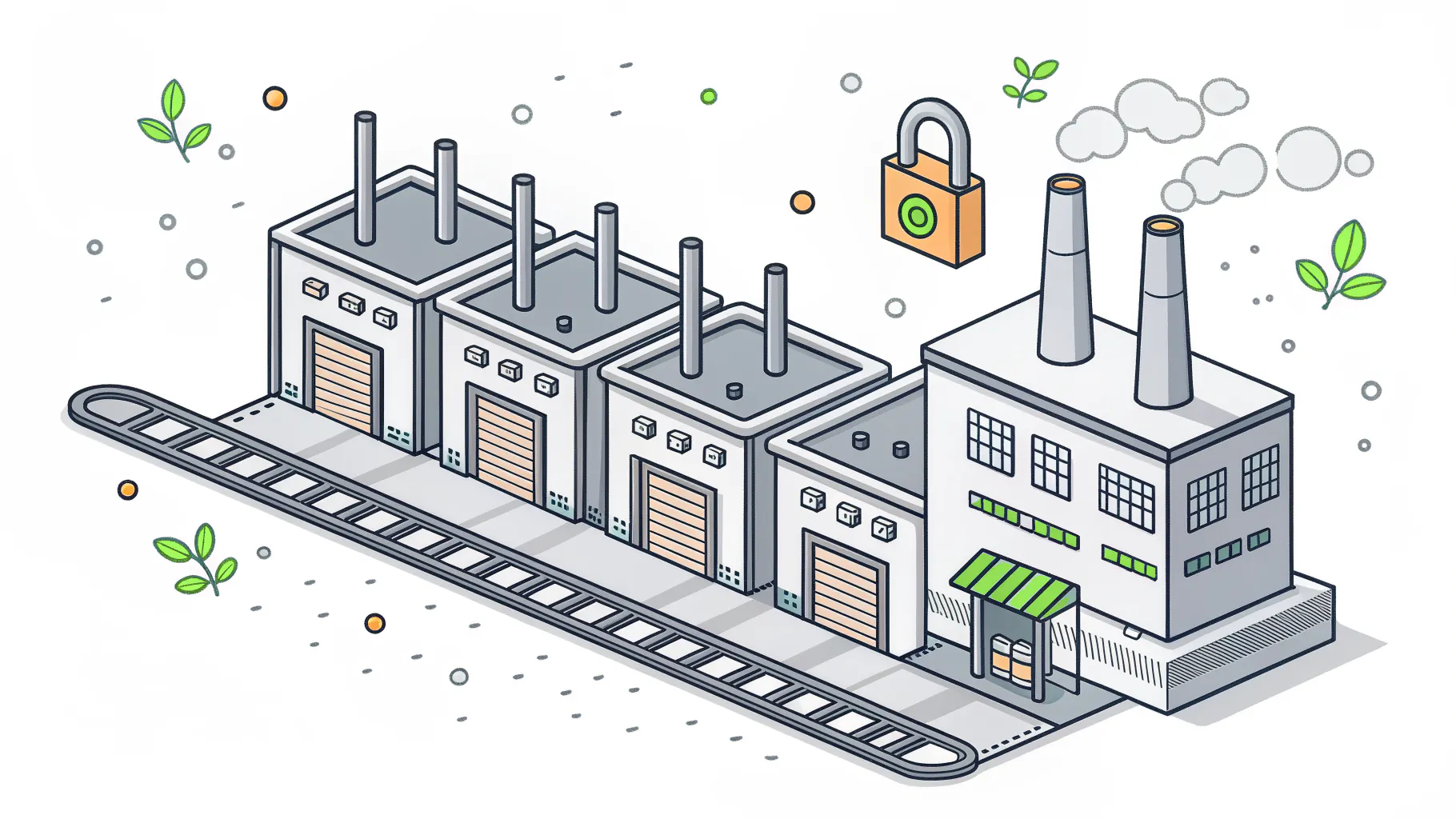 Isometric illustration of four supplier factories on a shared conveyor line with a padlock above the handoff between them