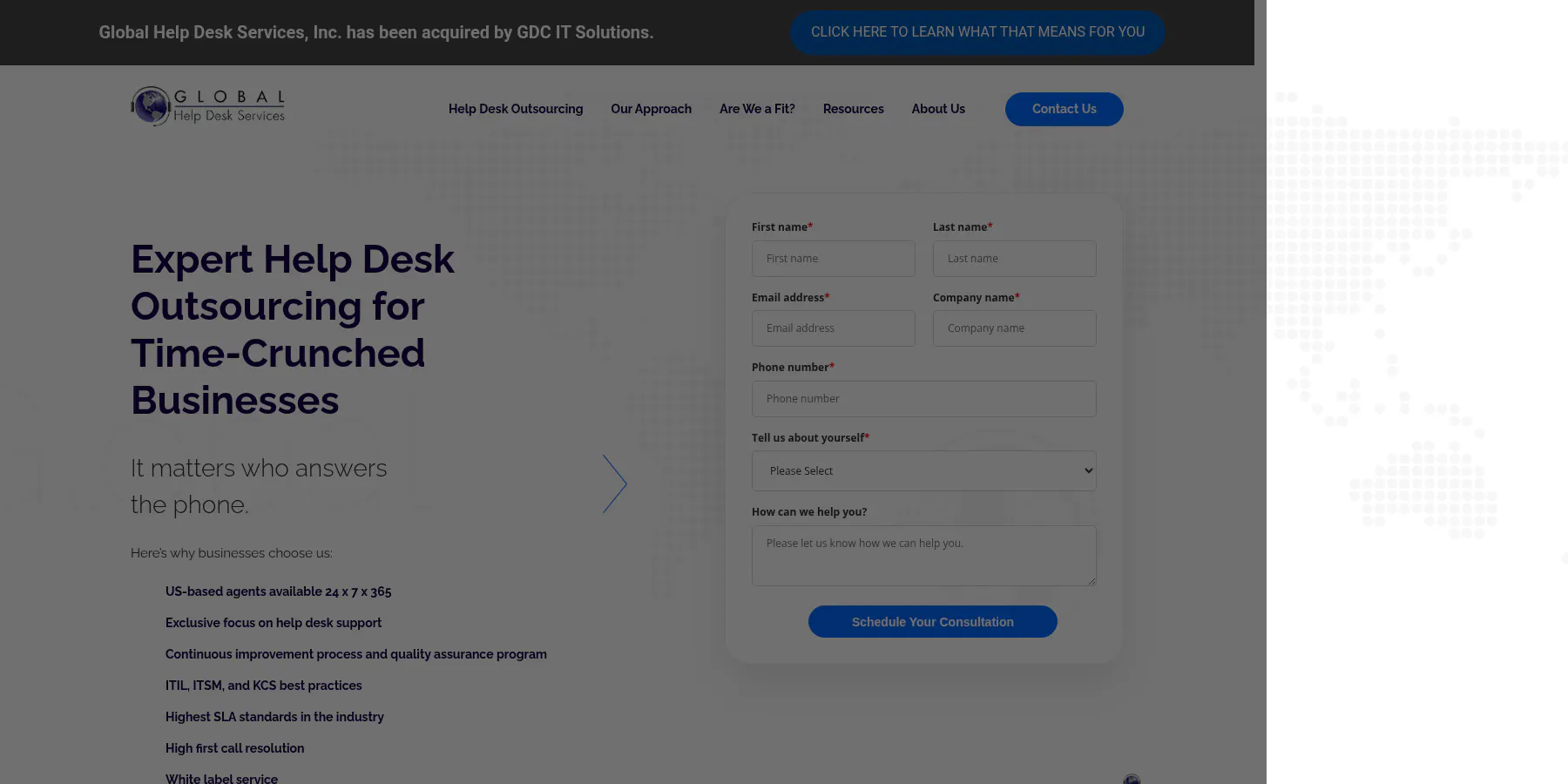 Global Help Desk Services homepage, captured August 2026