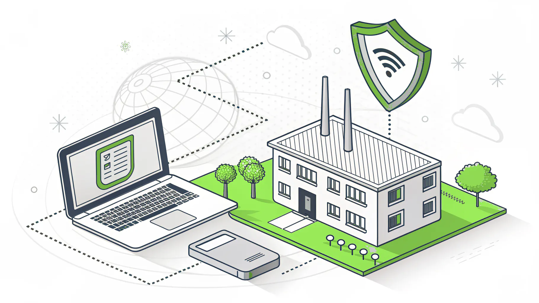 A laptop and router connected to an office building under a Wi-Fi security shield, representing IT support for staff who work outside the office