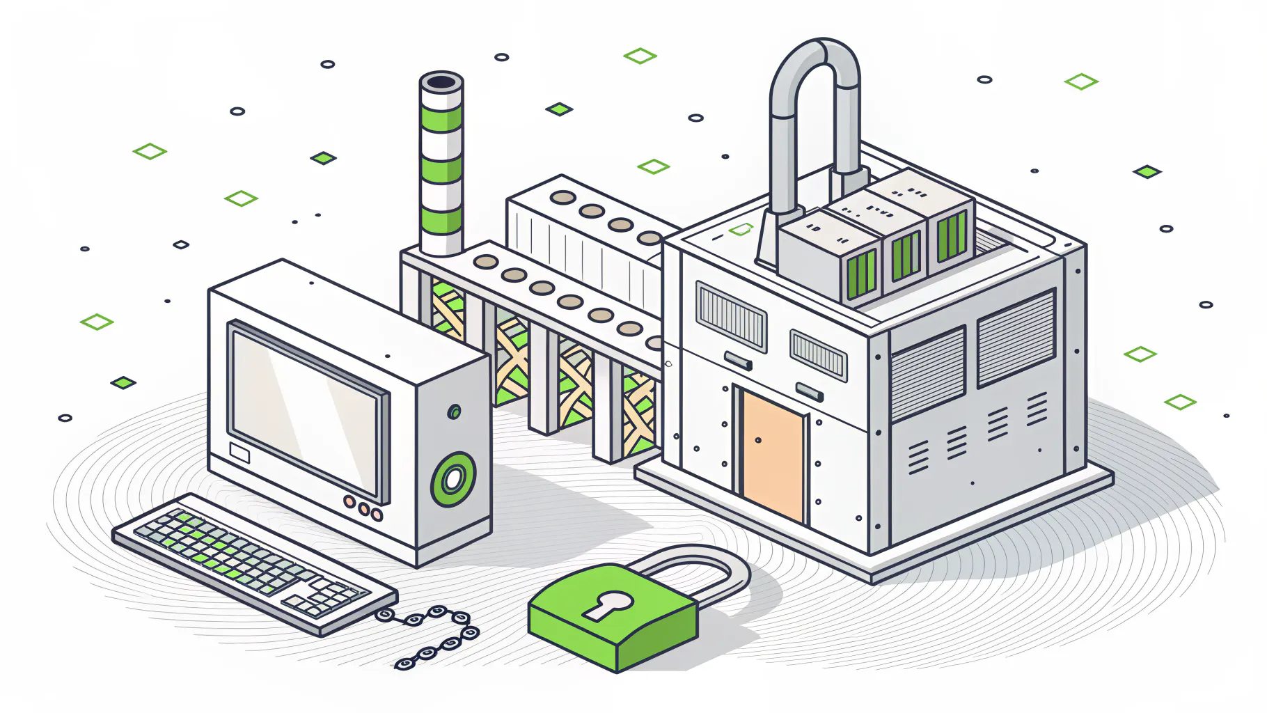 Isometric illustration of an old computer with a blank screen chained beside an industrial production machine and a padlock, representing unsupported legacy systems on the production floor