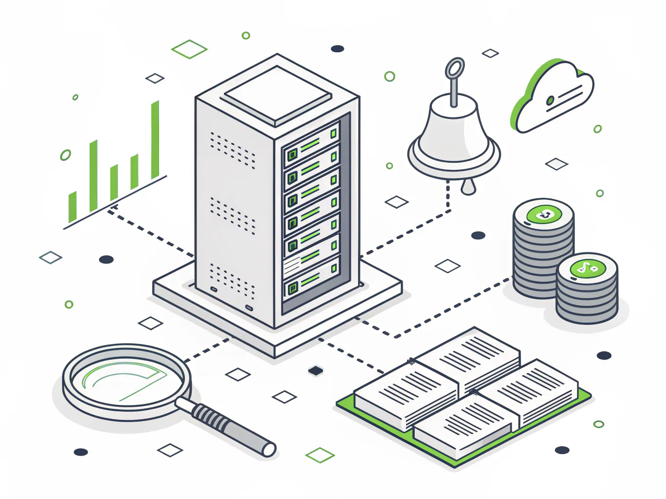 Line illustration of a server rack linked to a magnifying glass, an alert bell, and a stack of report documents