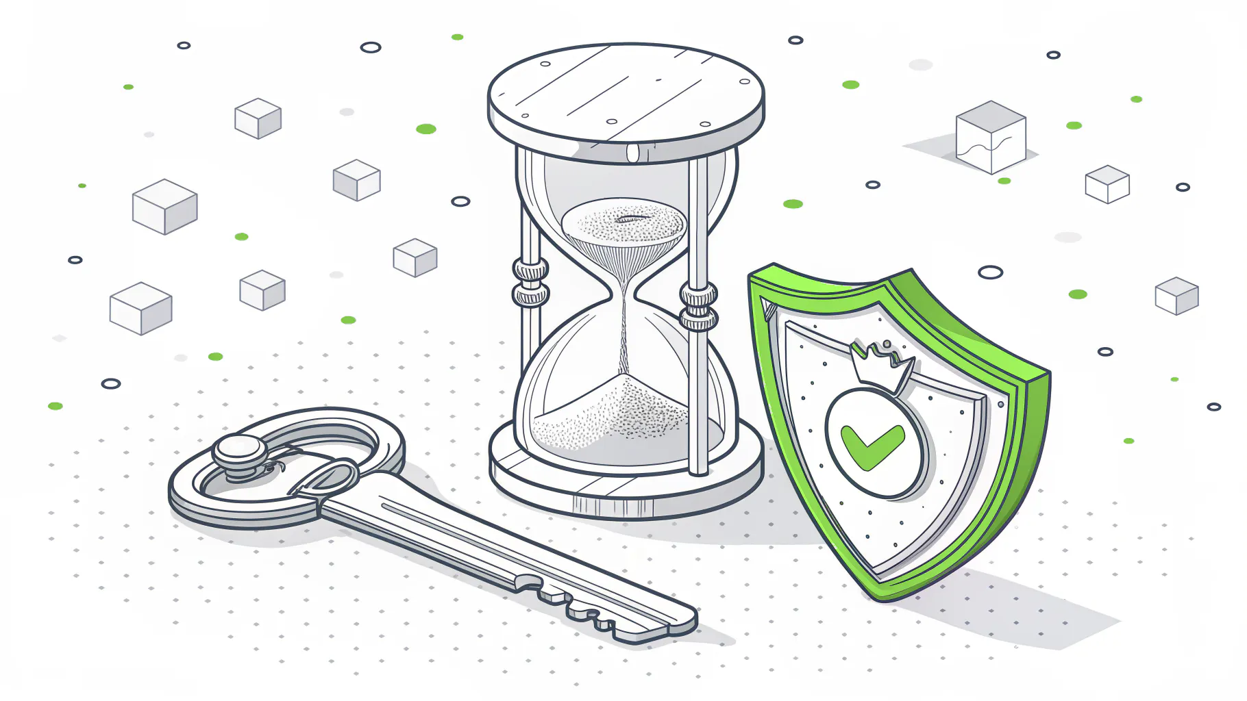An hourglass beside a key and a shield with a check mark, representing admin rights granted only for a limited window