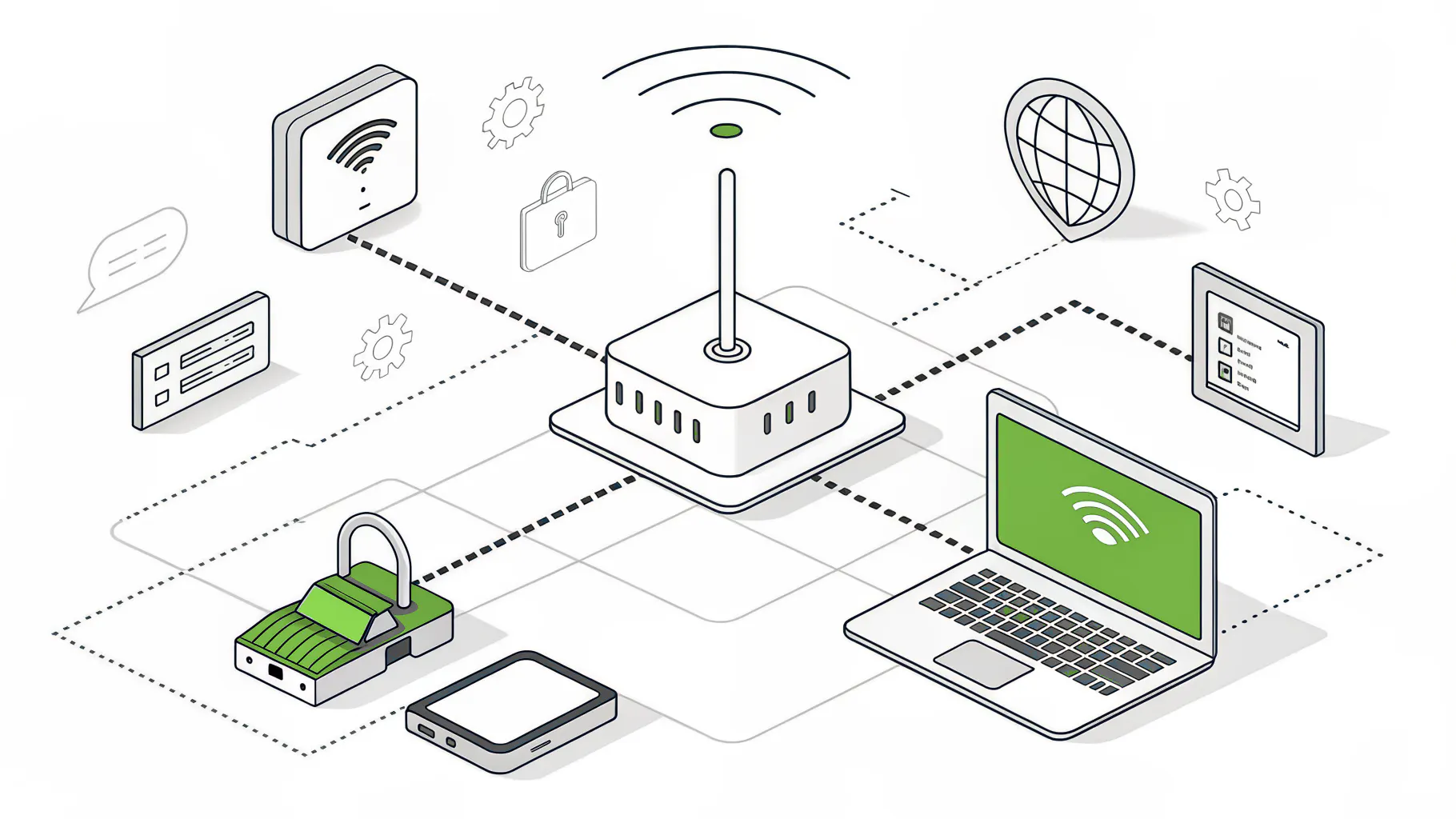 A Wi-Fi access point, network switch, padlock, and laptop connected by network lines, representing the shared devices and warehouse networks that shape Inland Empire managed IT quotes