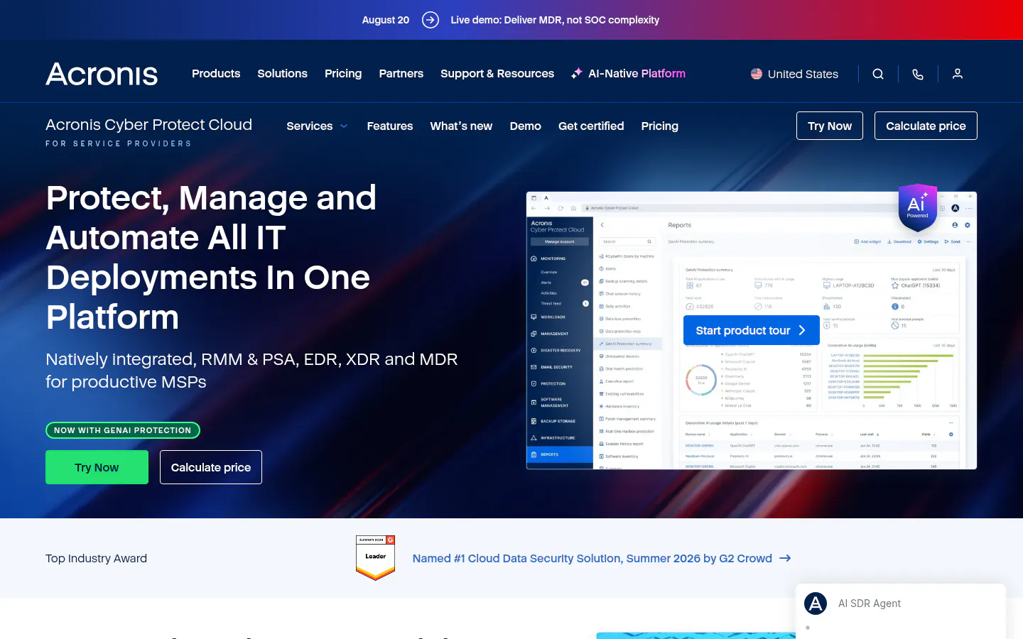 Acronis Cyber Protect Cloud homepage screenshot, captured August 12, 2026