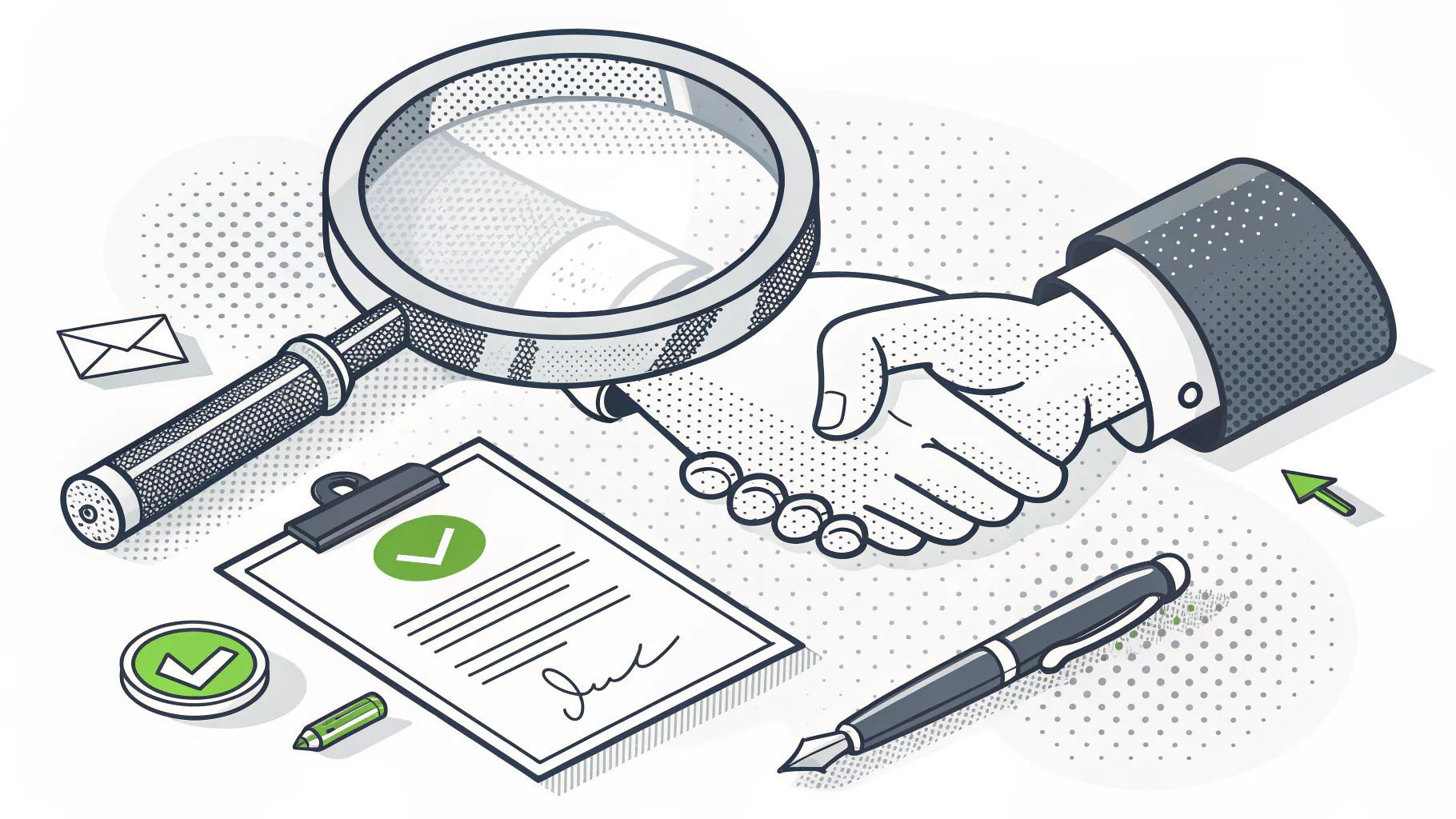 A magnifying glass over two hands about to shake on a deal, representing the questions to ask an MSP before signing
