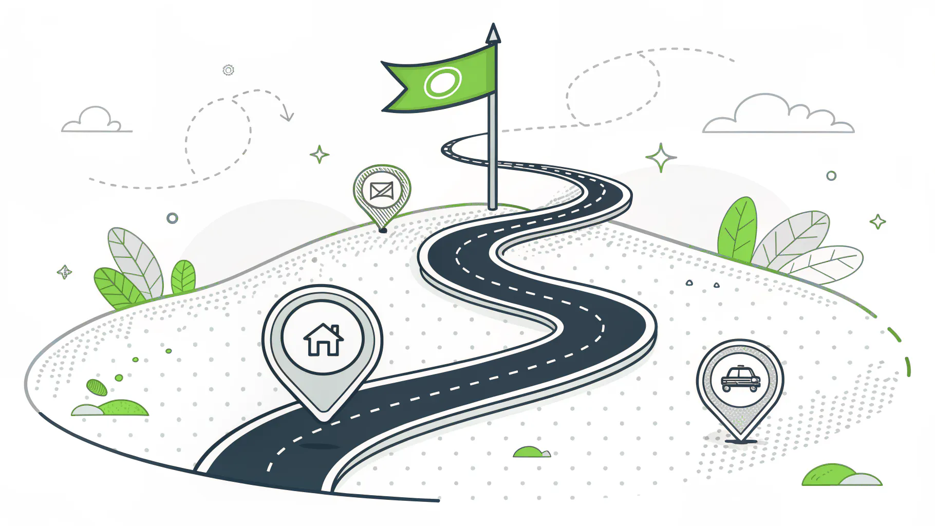 A winding road with milestone markers leading to a green flag, representing the roadmap that follows an IT risk assessment