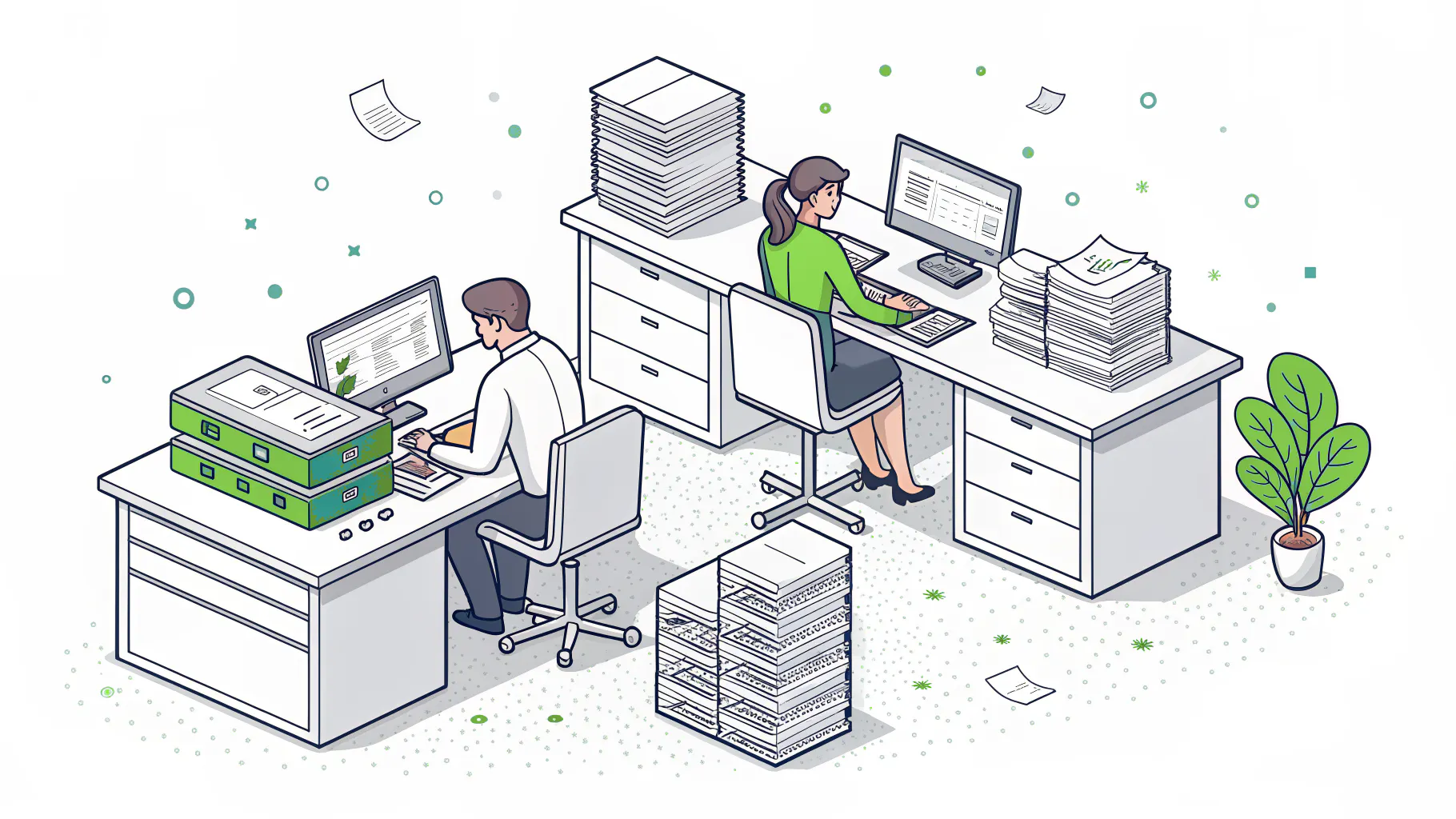 Two office workers re-entering stacks of paper order forms into computers after a system restore