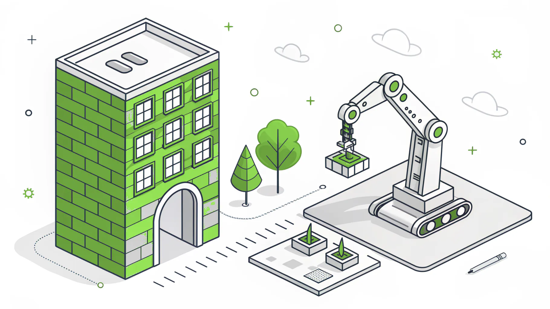 An office building and a robotic arm on separate platforms, divided by a green wall with one arched gateway, representing segmented OT and IT networks