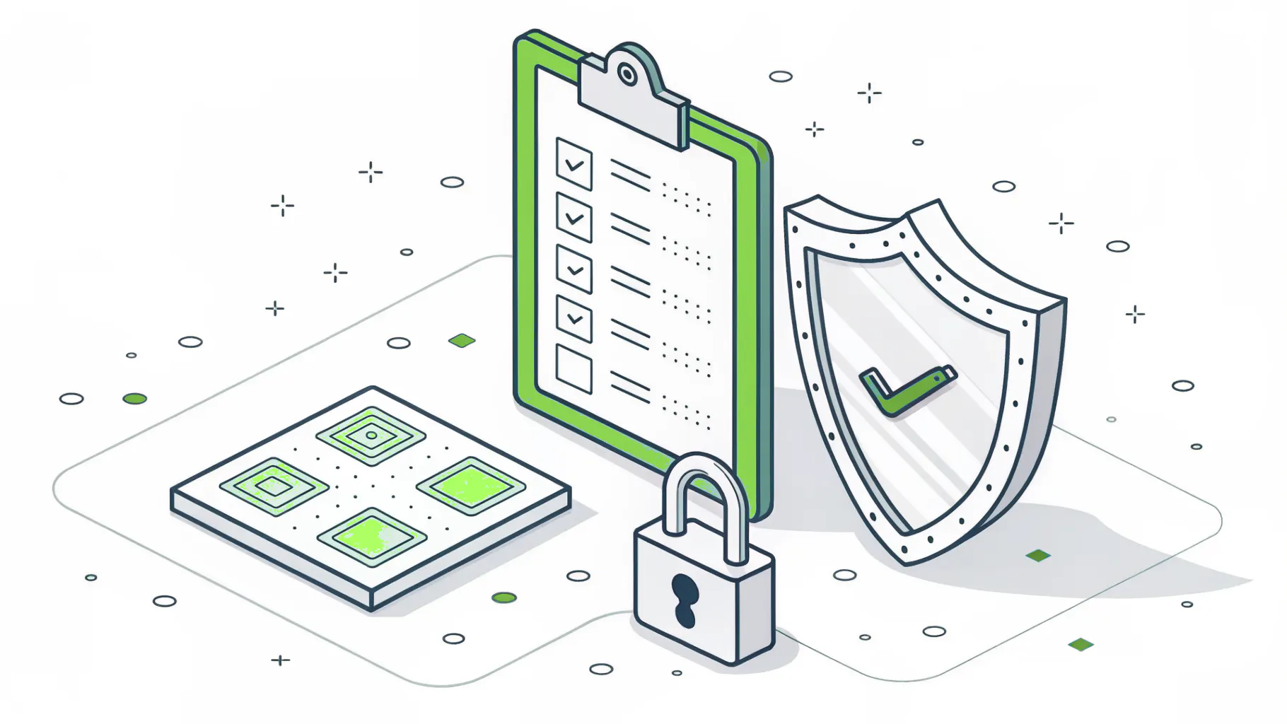 Isometric illustration of a clipboard checklist beside a shield and a padlock with a silicon wafer, representing the overlap between quality systems and cybersecurity frameworks in clean room manufacturing