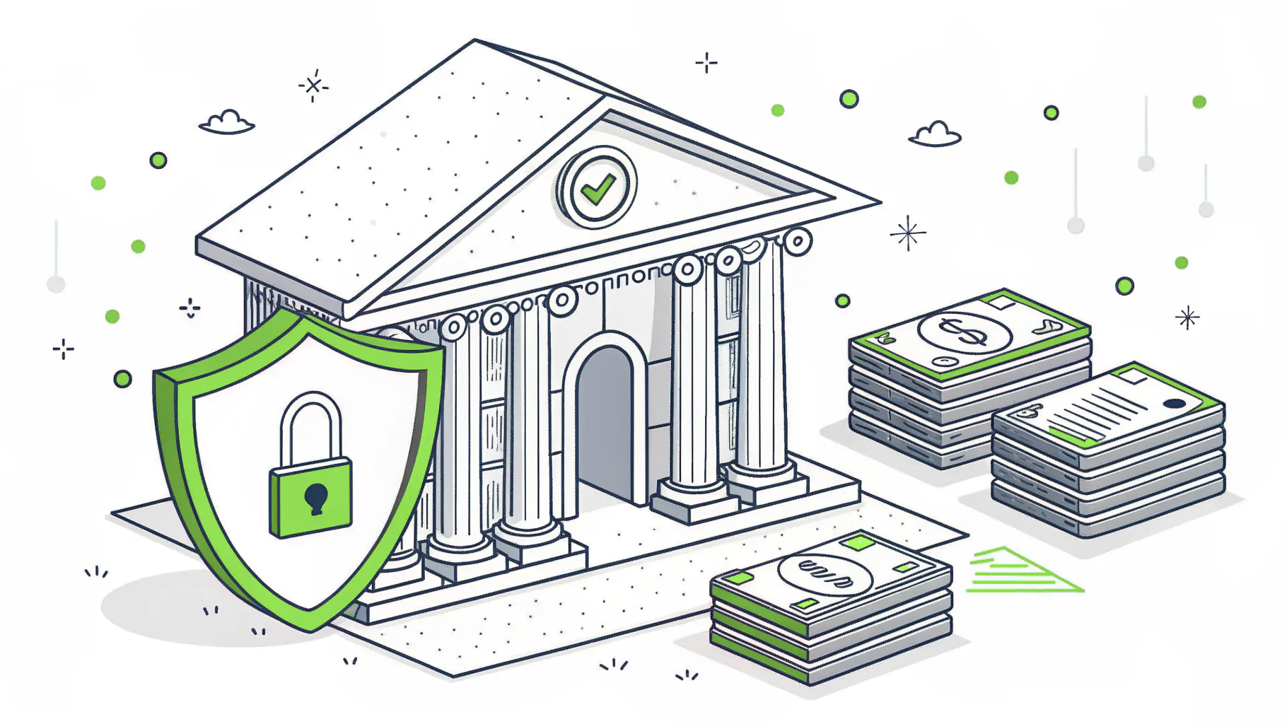 A financial firm building protected by a security shield and padlock, with stacks of compliance documents beside it