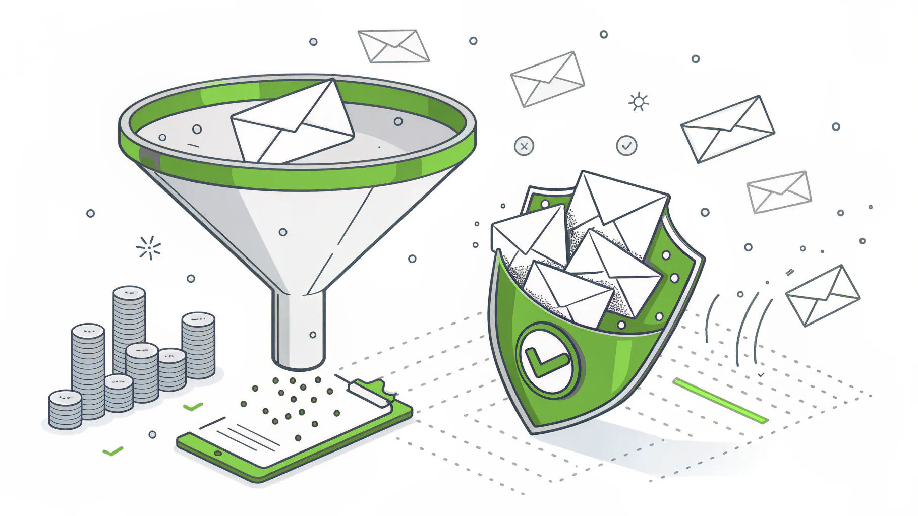 Funnel filtering email envelopes into a green shield
