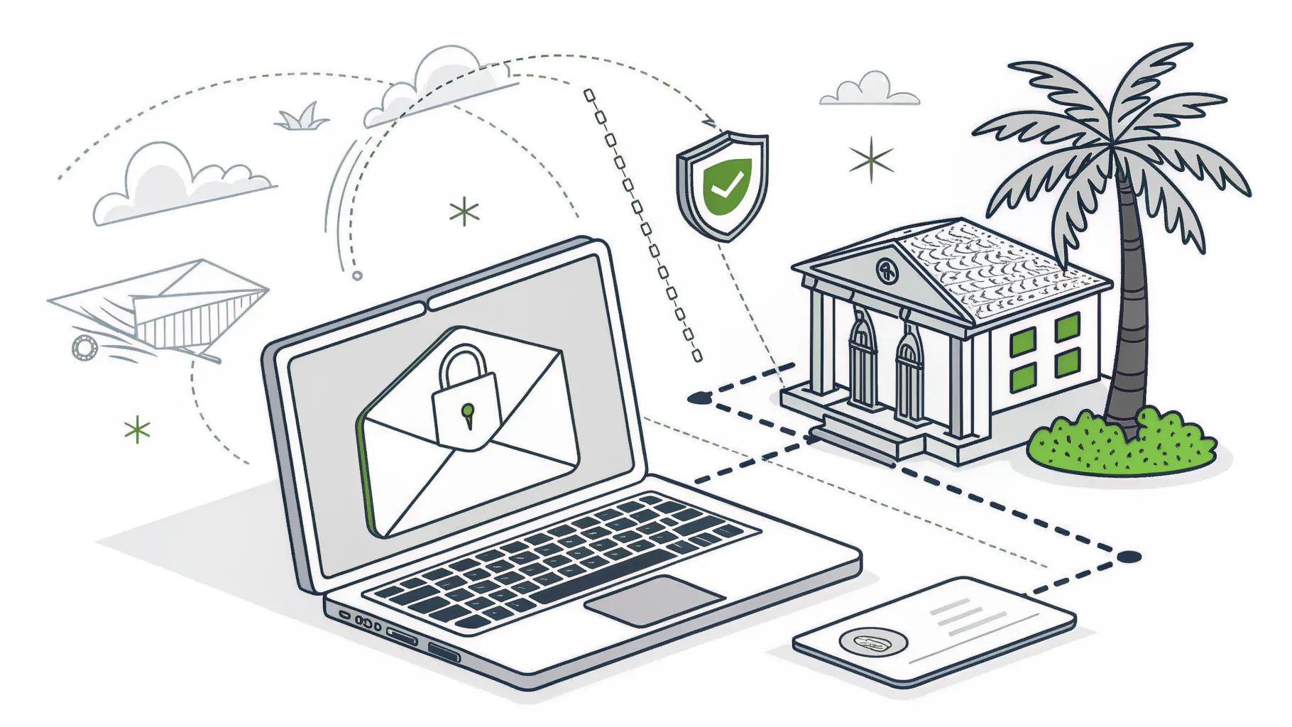 A laptop showing a locked email envelope linked to a bank building under a security shield, representing wire fraud protection for West LA firms