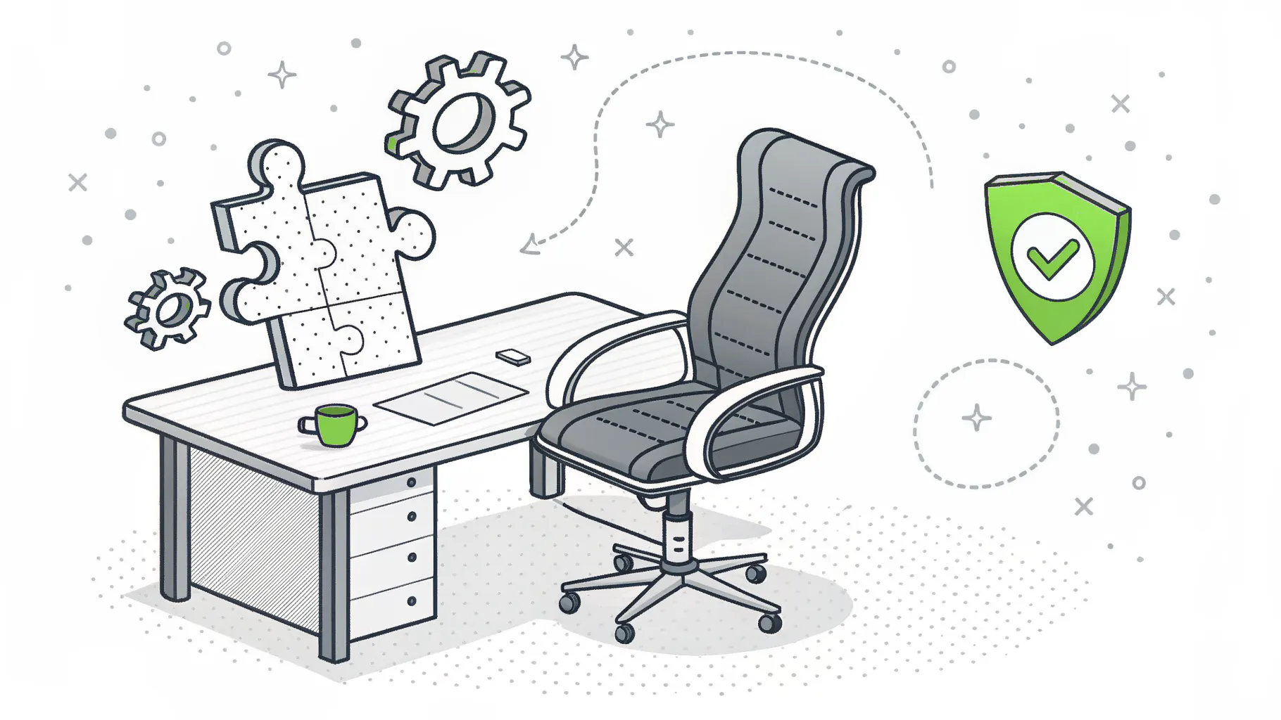 An empty executive chair beside a desk with a puzzle piece, gears, and a shield, representing the CIO seat a vCIO fills
