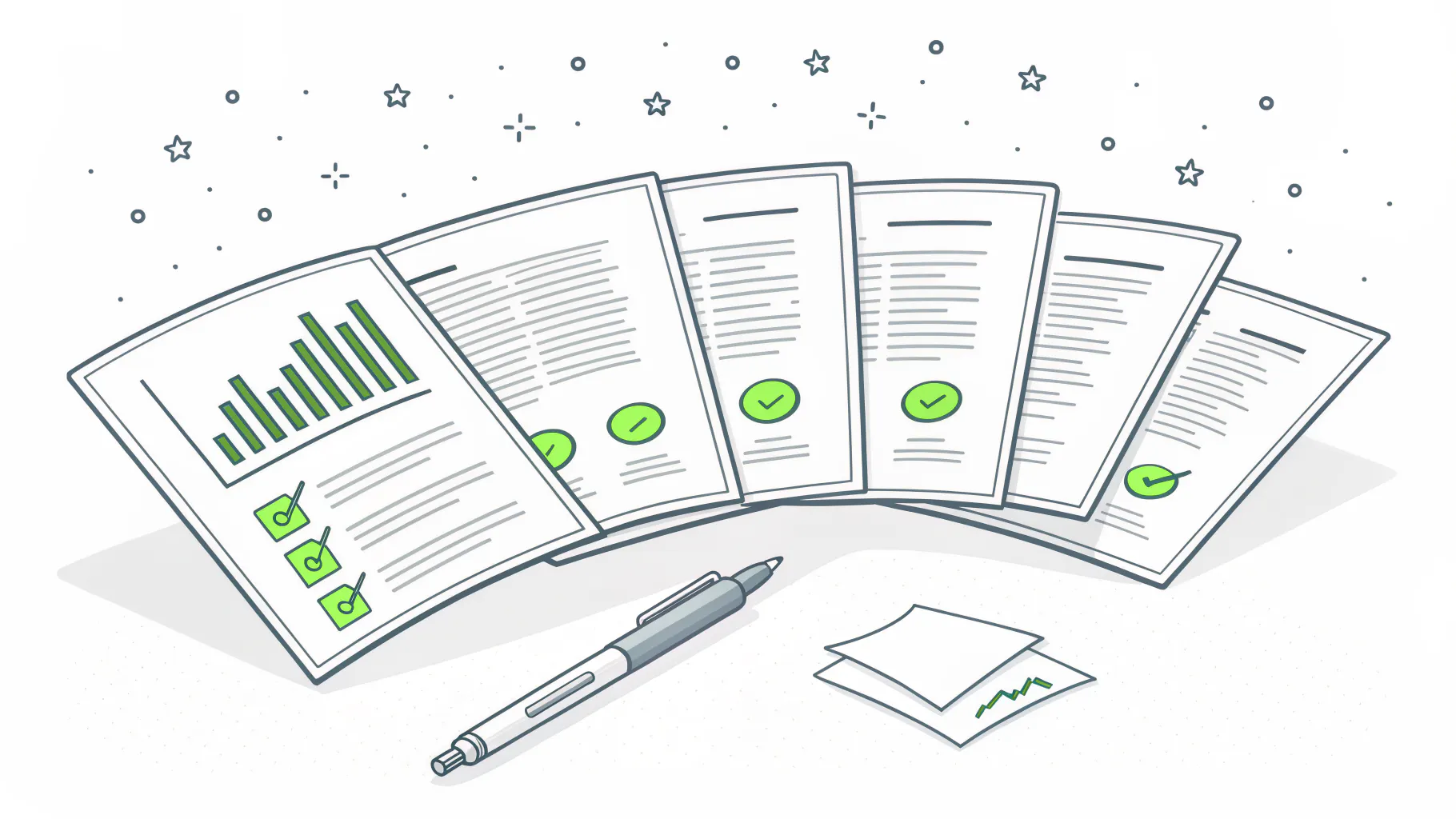 Isometric illustration of five consulting deliverable documents fanned across a desk