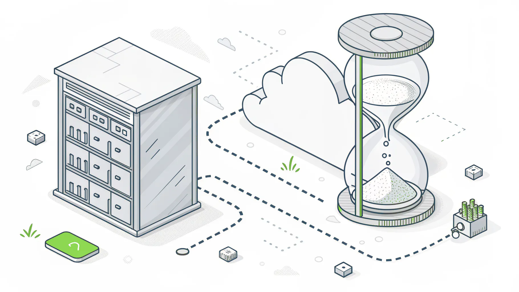 An hourglass between a server cabinet and a cloud linked by a dotted line, representing how recovery speed drives disaster recovery cost
