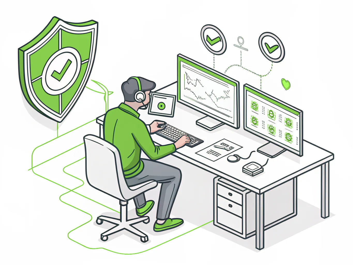 Security analyst monitoring a 24/7 SOC threat dashboard, line illustration