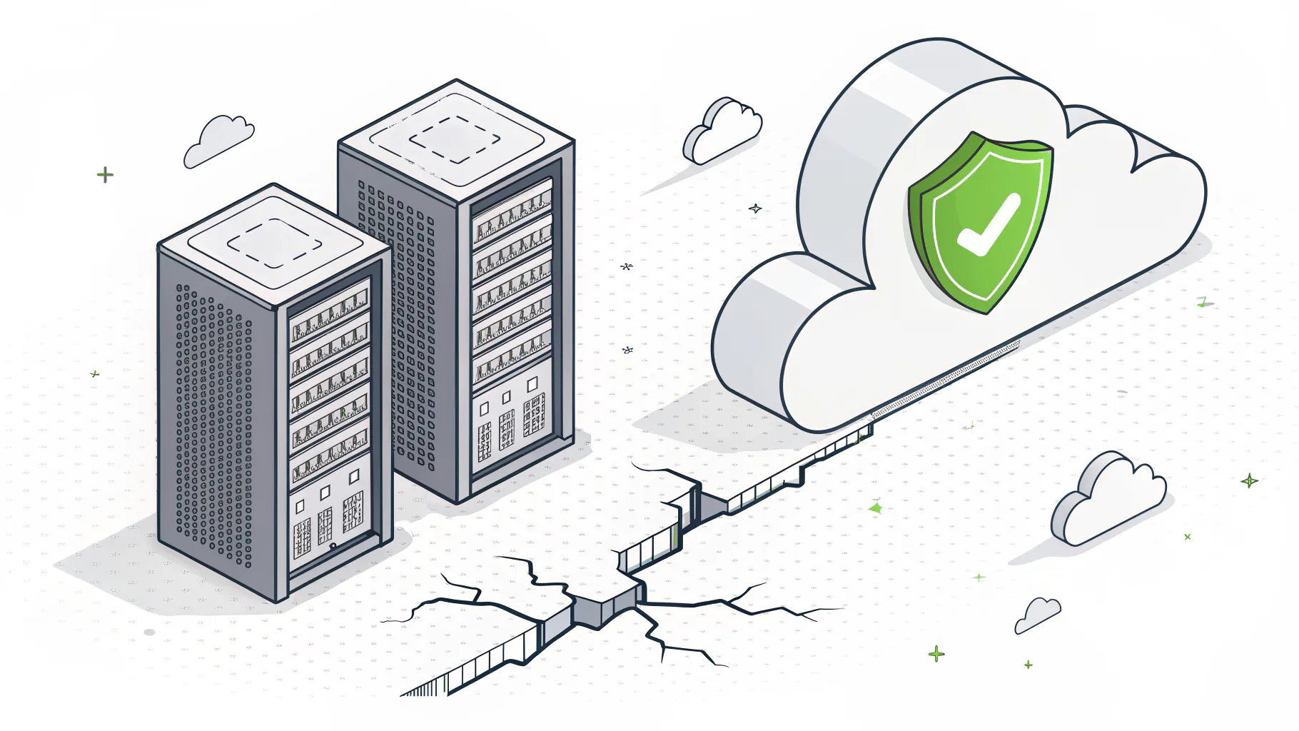 Server racks on one side of a crack in the ground and a protected cloud backup on the other, representing offsite backups beyond the earthquake zone
