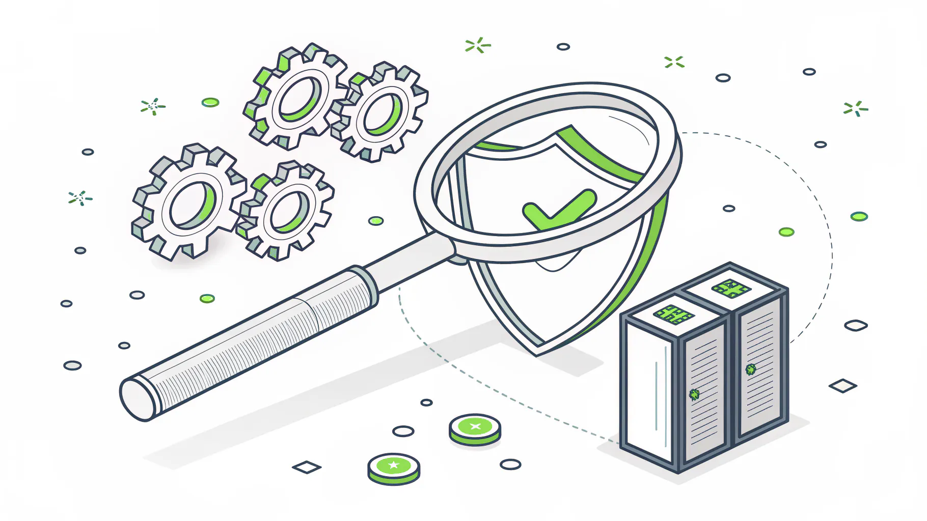 Magnifying glass over a security shield with gears and a server rack, representing a structured MSP evaluation framework