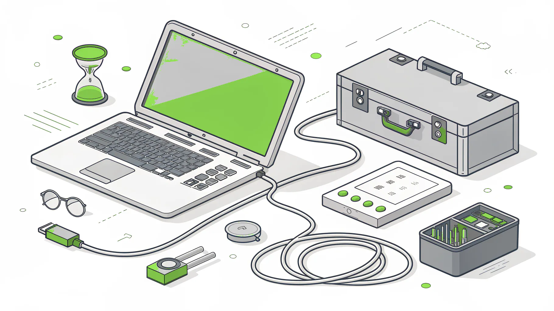 A laptop, an industrial controller, a coiled cable, an hourglass, and a toolbox laid out for a timed bench restore test