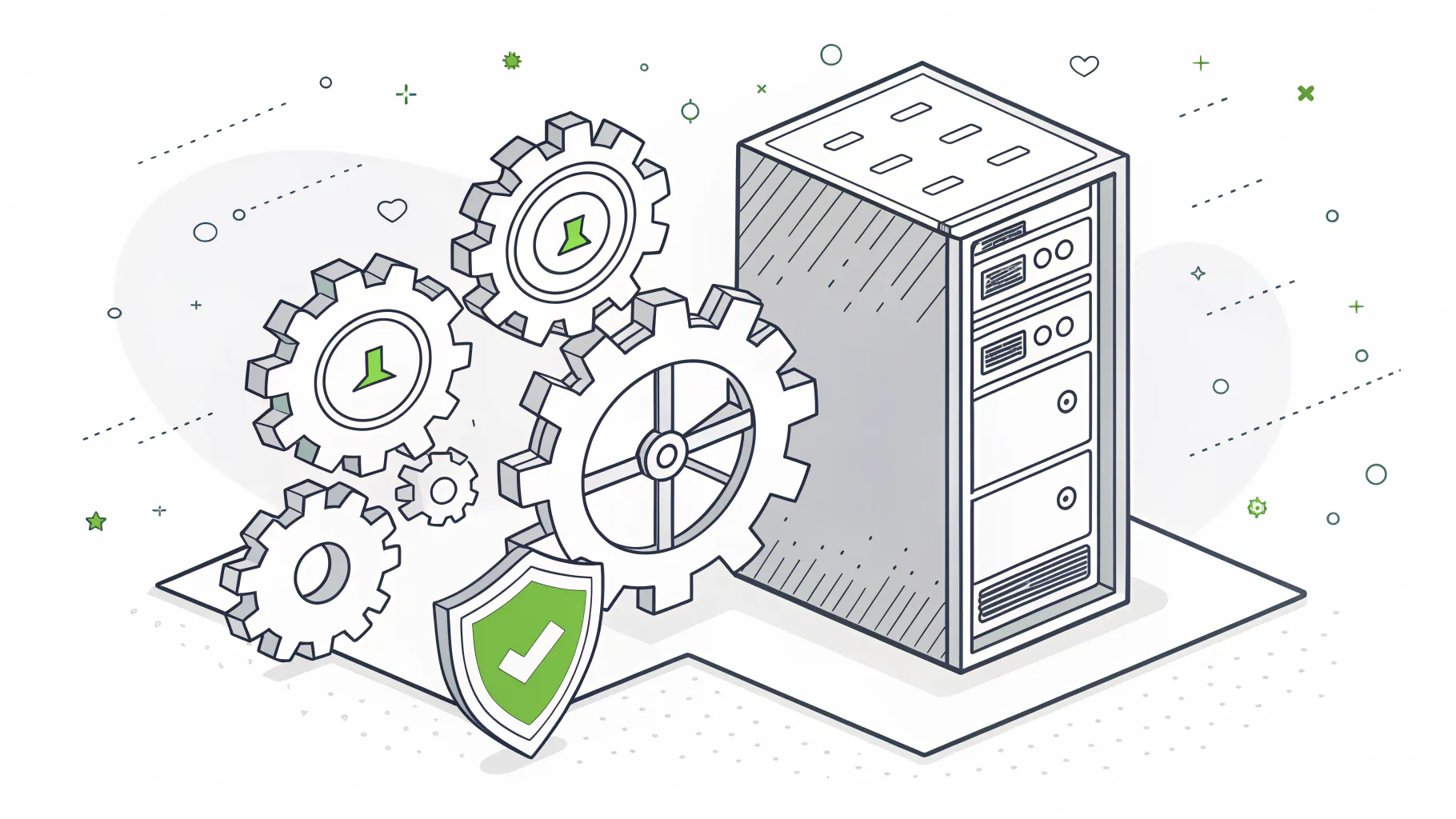Interlocking gears turning beside a locked server cabinet and a shield, representing the steps to make an IT environment ITAR-ready