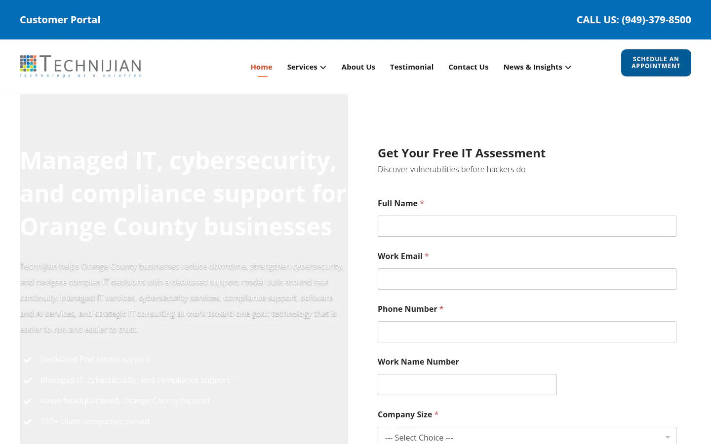 Technijian homepage showing Irvine managed IT support services