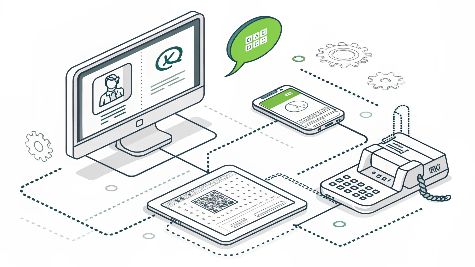 Isometric diagram of phishing across email, SMS, voice, and QR channels