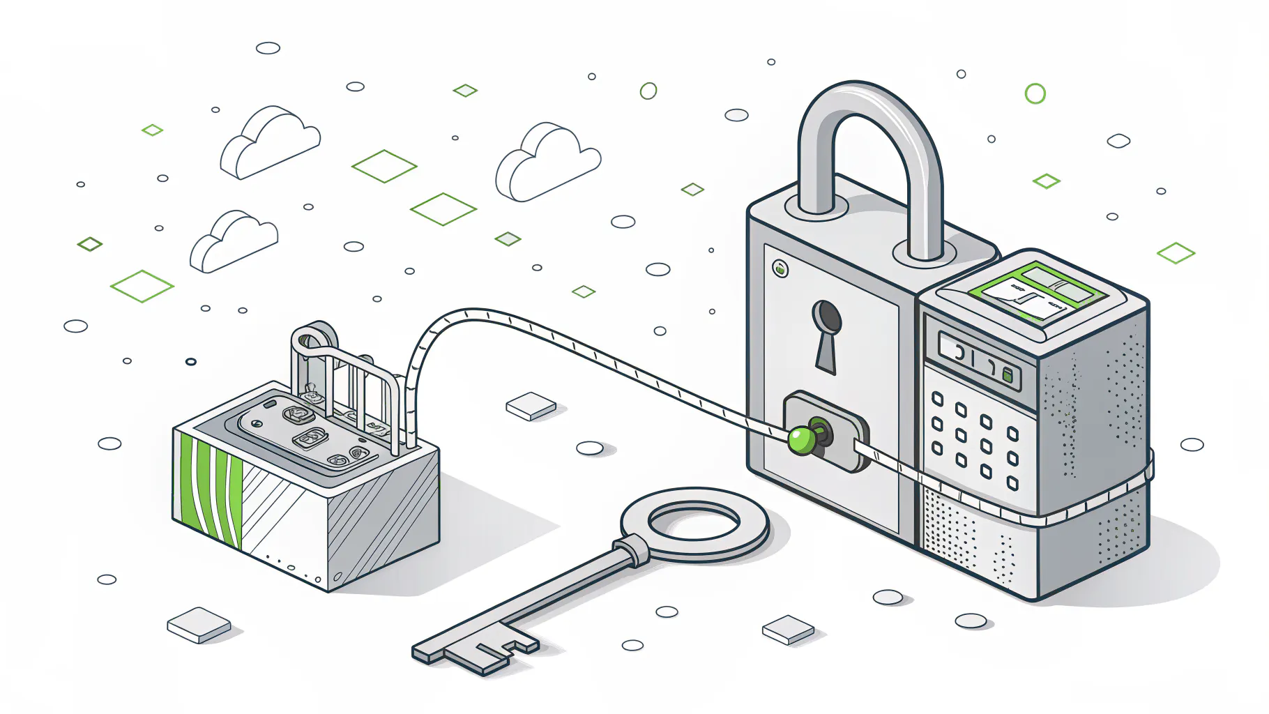 A locked network connection between a vendor toolbox and an industrial machine, representing controlled vendor remote access to plant equipment