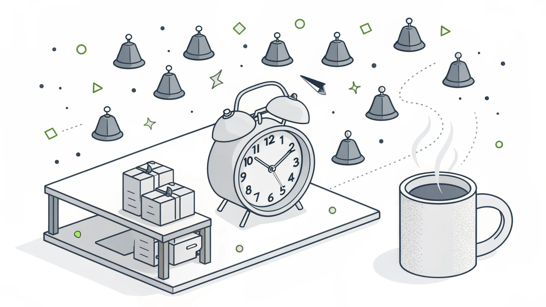 An alarm clock on a desk surrounded by grey alert bells and a cup of coffee, representing behavior alerts that fire overnight