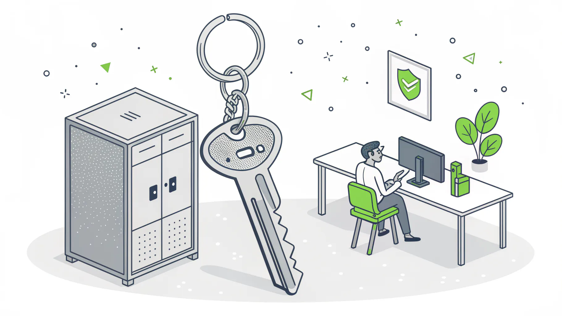 A single oversized key ring beside a locked server cabinet and one person at a desk, representing key-person IT risk
