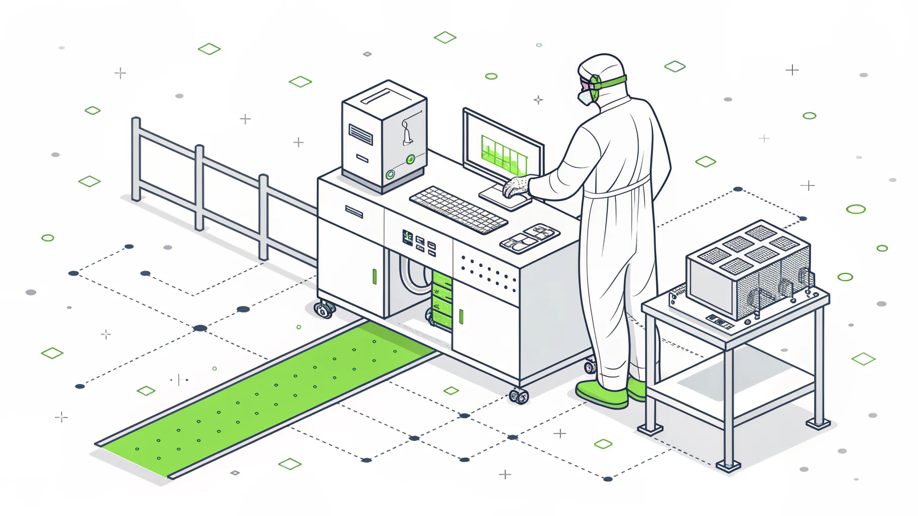 Technician in a clean room gown at a production machine separated from an office workstation by a network boundary, representing the OT and IT security boundary in electronics manufacturing