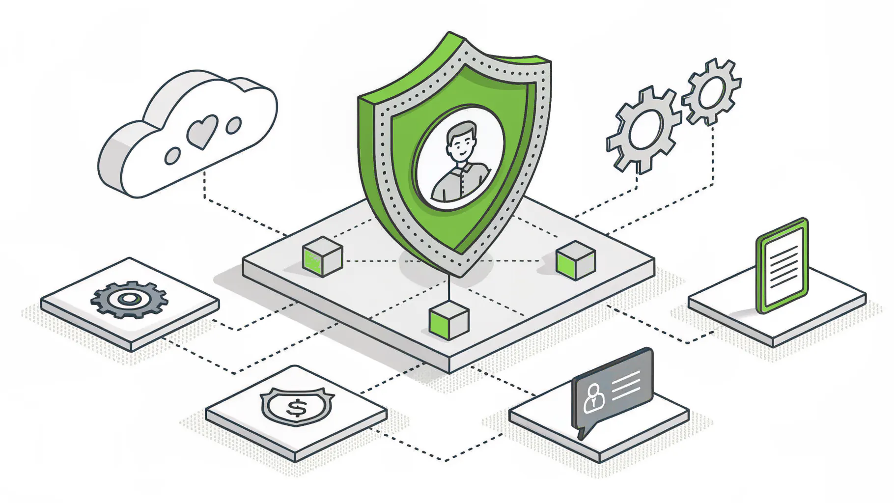 A shield with a user icon at the center, connected by dotted lines to app icons for cloud, settings, documents, and chat
